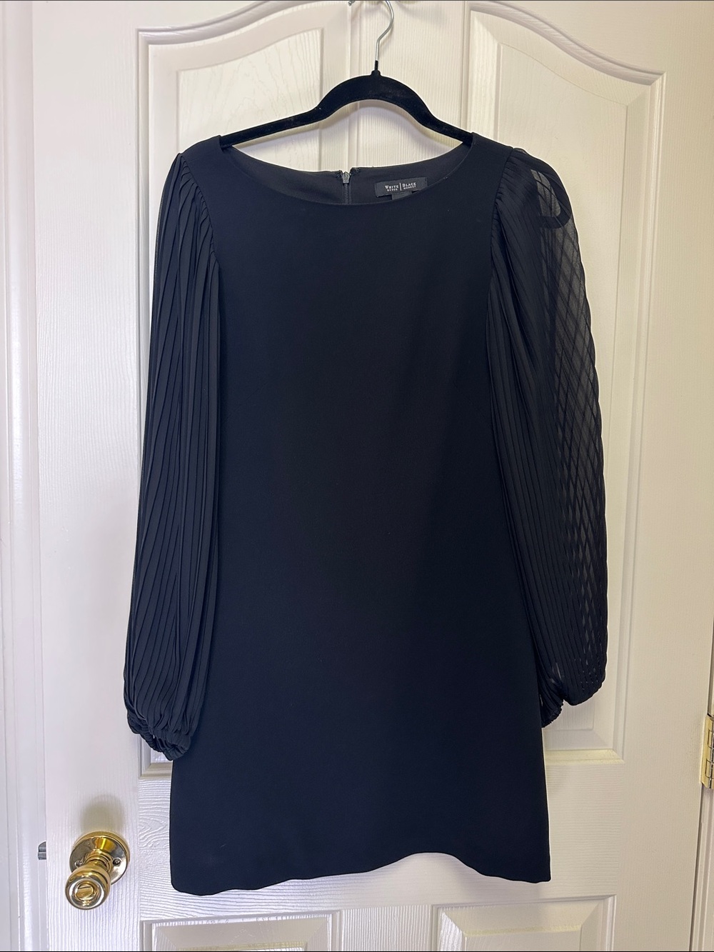 White House Black Market Black Mini Dress with Pleated Sheer Sleeves